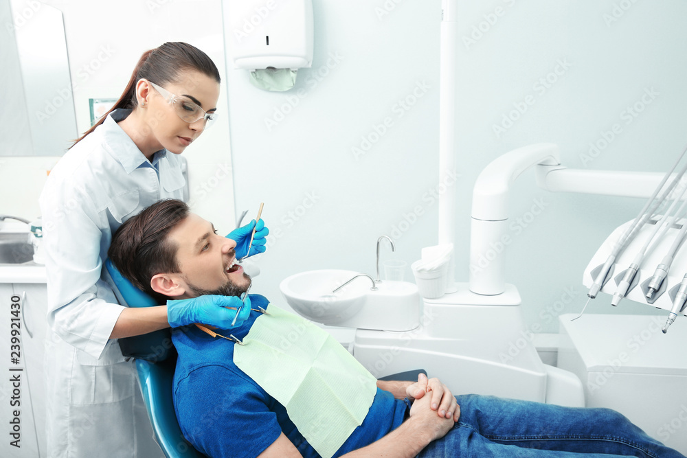 Professional dentist working with patient in modern clinic. Space for text Professional dentist working with patient in modern clinic. Space for text