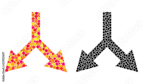 Pixel bifurcation arrow down mosaic icons. Vector bifurcation arrow down icons in bright and black versions. Collages of arbitrary round elements.