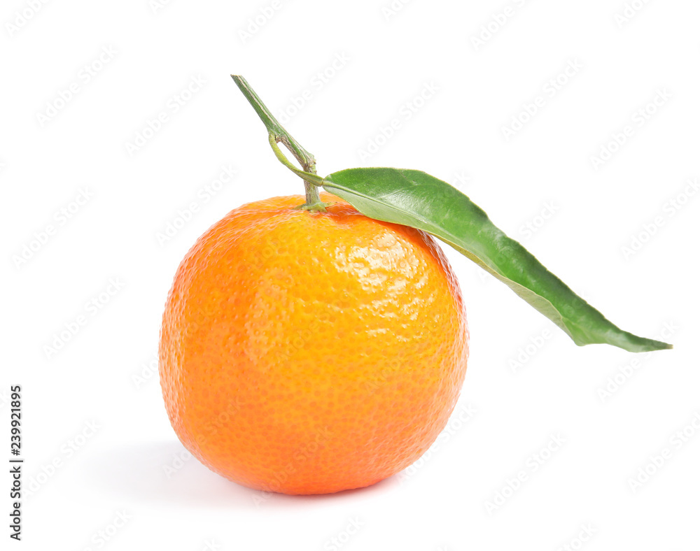 Tasty ripe tangerine with leaf on white background Tasty ripe tangerine with leaf on white background