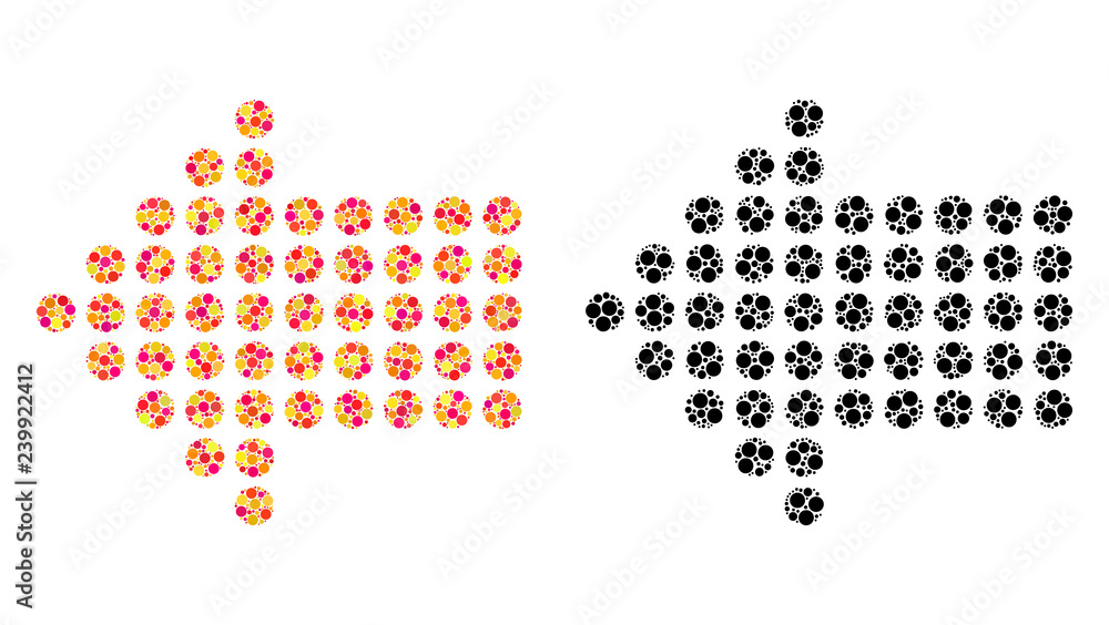 Dotted arrow left mosaic icons. Vector dotted arrow left pictograms in colorful and black versions. Collages of randomized round dots.
