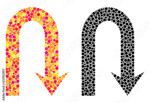 Pixel turn back mosaic icons. Vector turn back icons in multi-colored and black versions. Collages of casual circle dots. Vector collages of turn back icons done of casual circle elements.