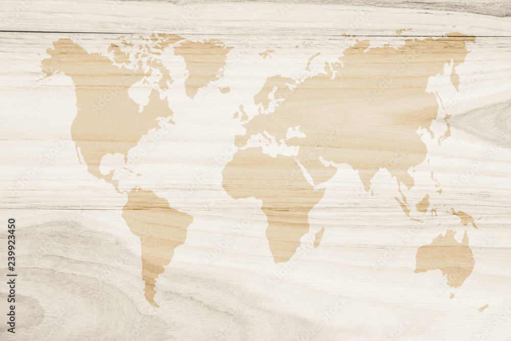 World map vintage pattern for background in color tone/ Wood plank brown texture background. Wood all antique cracking furniture painted weathered white vintage peeling wallpaper.