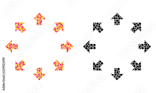 Dot radial arrows mosaic icons. Vector radial arrows icons in colorful and black versions. Collages of different spheric spots.