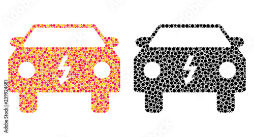 Dot electric car mosaic icons. Vector electric car pictograms in bright and black versions. Collages of different round dots. Vector concepts of electric car icons created with different round dots.