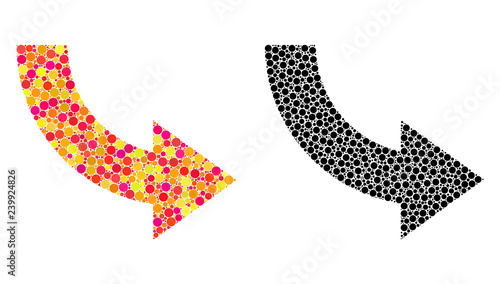 Dot rotate right mosaic icons. Vector rotate right icons in bright and black versions. Collages of different round elements.