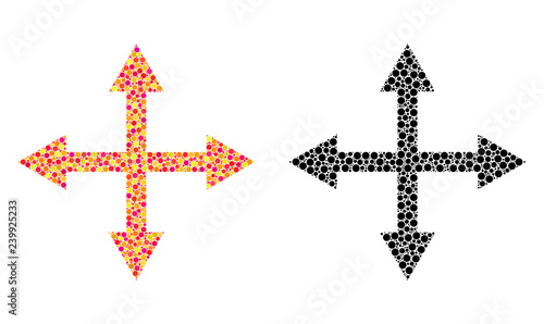 Dotted expand arrows mosaic icons. Vector expand arrows icons in bright and black versions. Collages of irregular circle spots. Vector concepts of expand arrows images done of irregular round pixels.