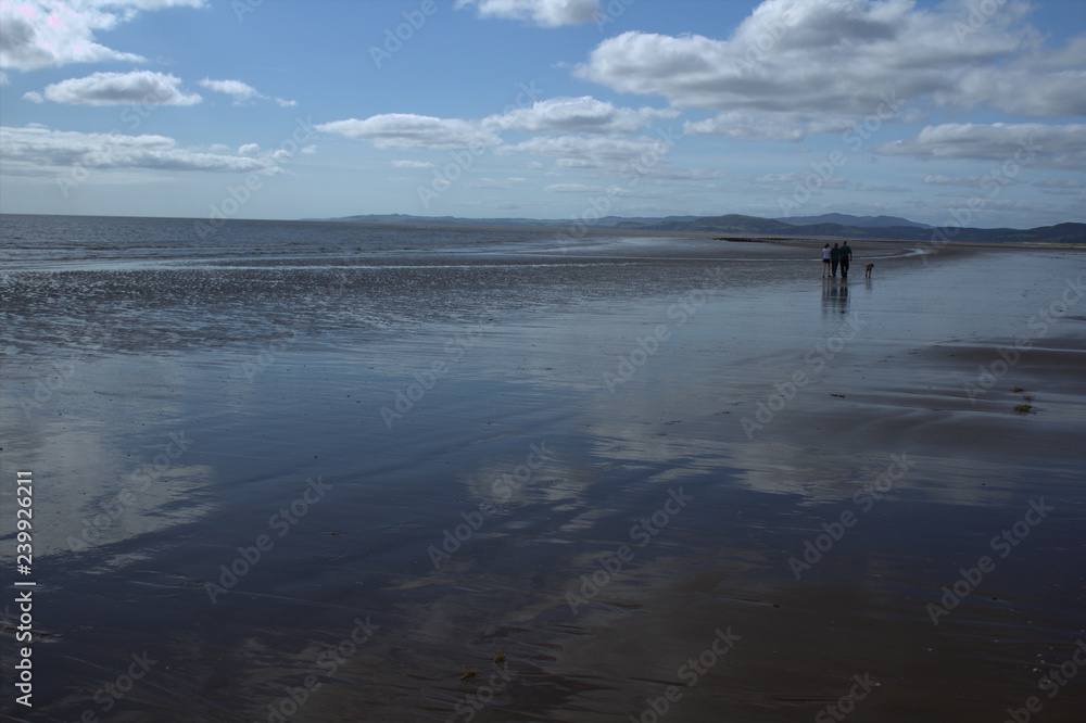 Naklejka premium Family walking with a dog on a wet beach at Southerness, Dumfries ang Galloway, Scotland..