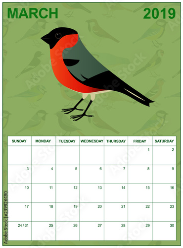 March 2019 calendar on english with an Eurasian bullfinch in the middle