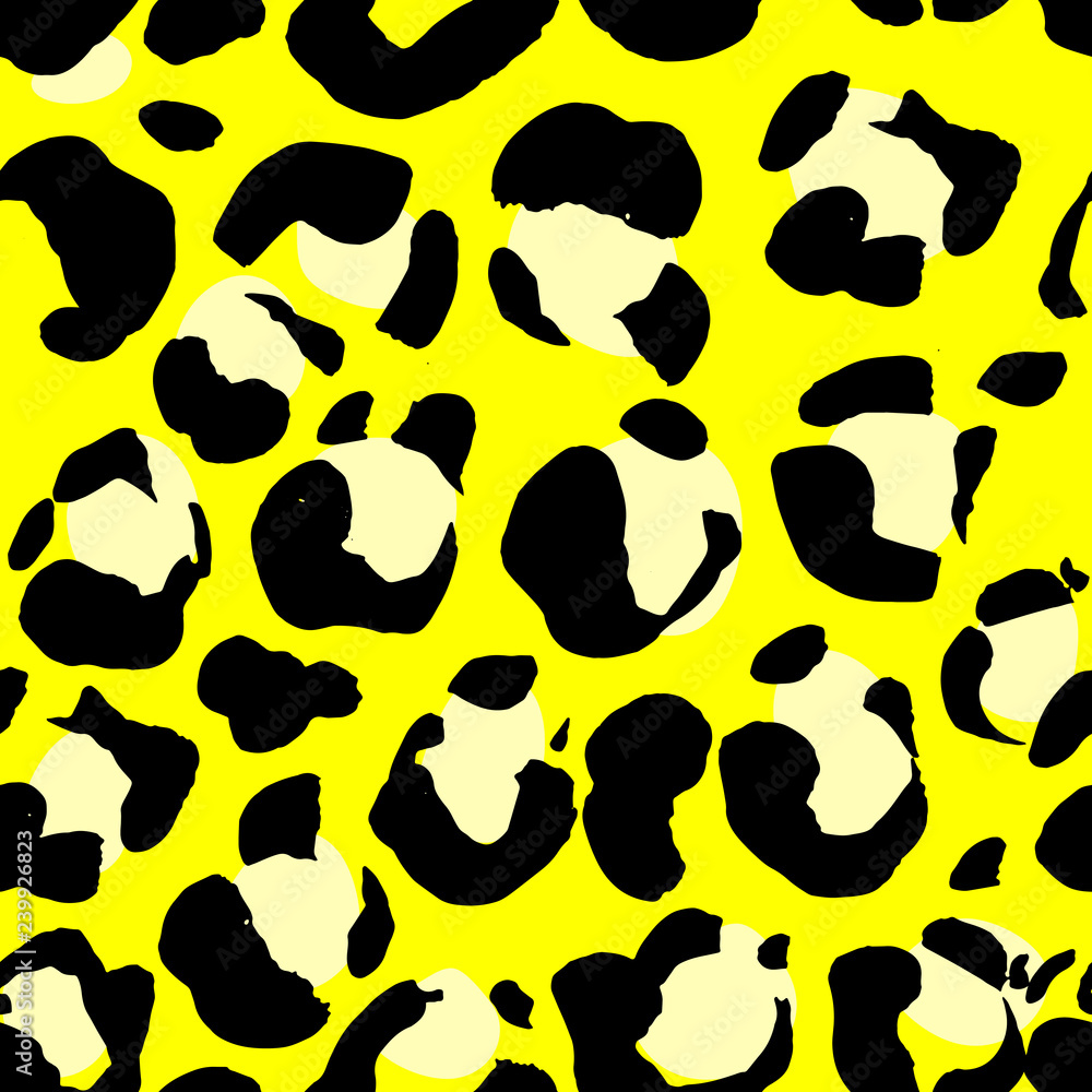 Seamless black and yellow leopard pattern. Animal skin grunge texture. Vector illustration.