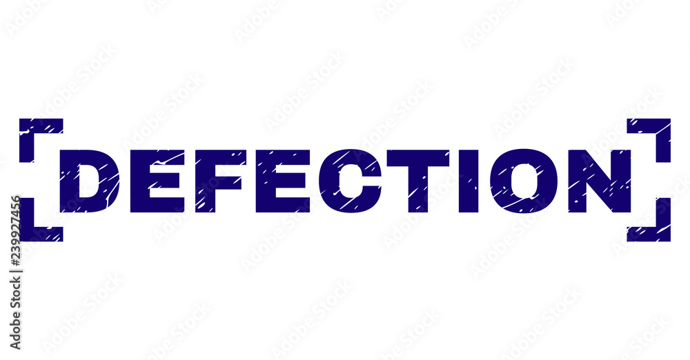 DEFECTION title seal print with distress texture. Text title is placed inside corners. Blue vector rubber print of DEFECTION with corroded texture. DEFECTION title seal print with distress texture. Text title is placed inside corners. Blue vector rubber print of DEFECTION with corroded texture.