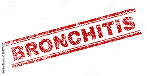 BRONCHITIS seal imprint with distress texture. Red vector rubber print of BRONCHITIS text with retro texture. Text tag is placed between double parallel lines.