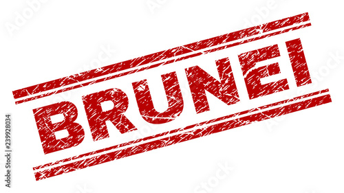 BRUNEI seal print with grunge texture. Red vector rubber print of BRUNEI title with unclean texture. Text label is placed between double parallel lines.
