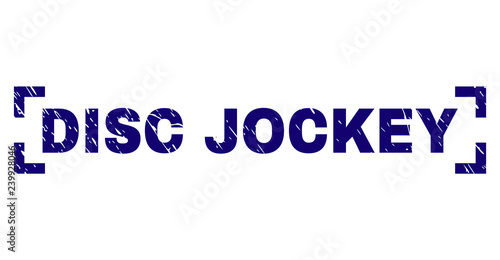 DISC JOCKEY title seal print with corroded texture. Text title is placed between corners. Blue vector rubber print of DISC JOCKEY with unclean texture.
