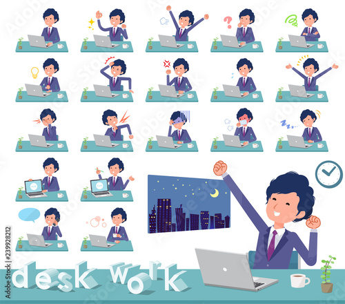 flat type blue suit curly hair men_desk work