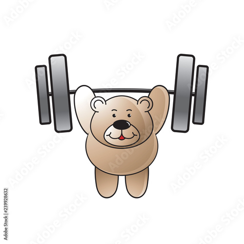 happy cute bear vector cartoon lifting barbell isolated on white