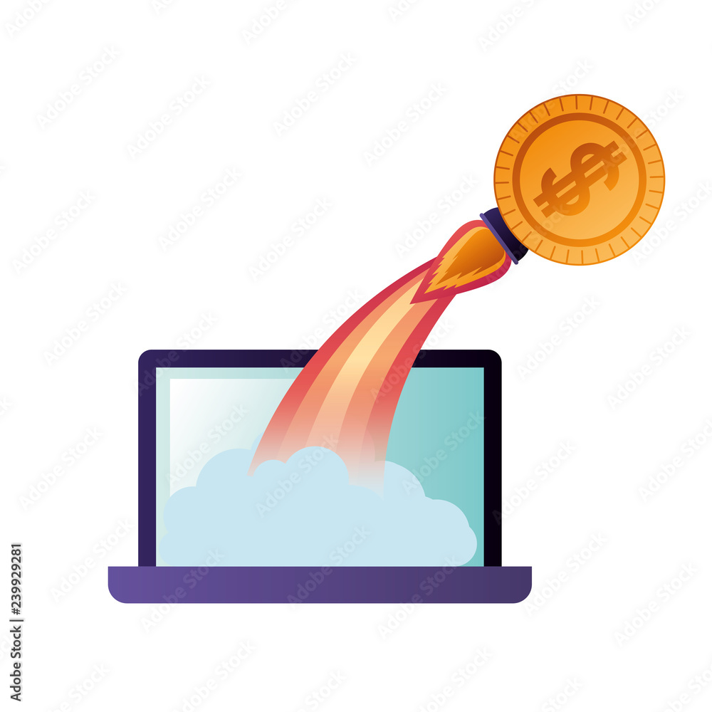 Fotografie latop screen and coin with rocket isolated icon