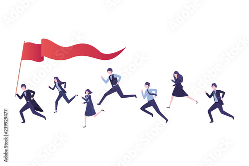 group of executives running with flag
