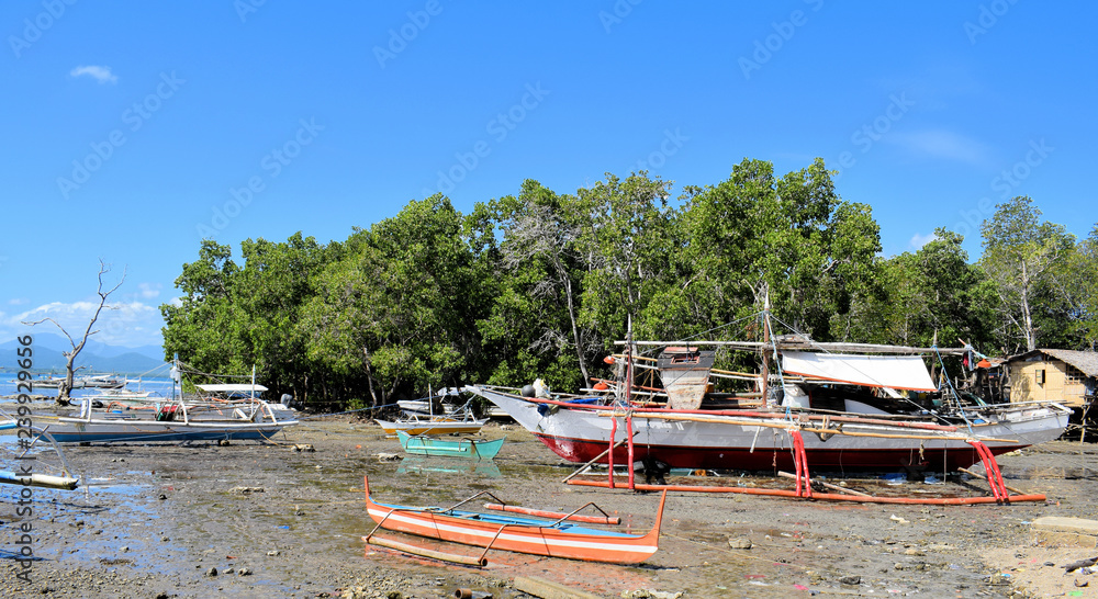 Fishing boats on the shore. Palawan. Philippines.