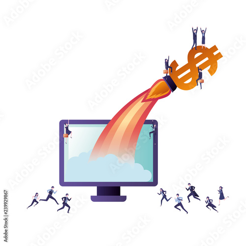 computer screen with dollar rocket avatar character