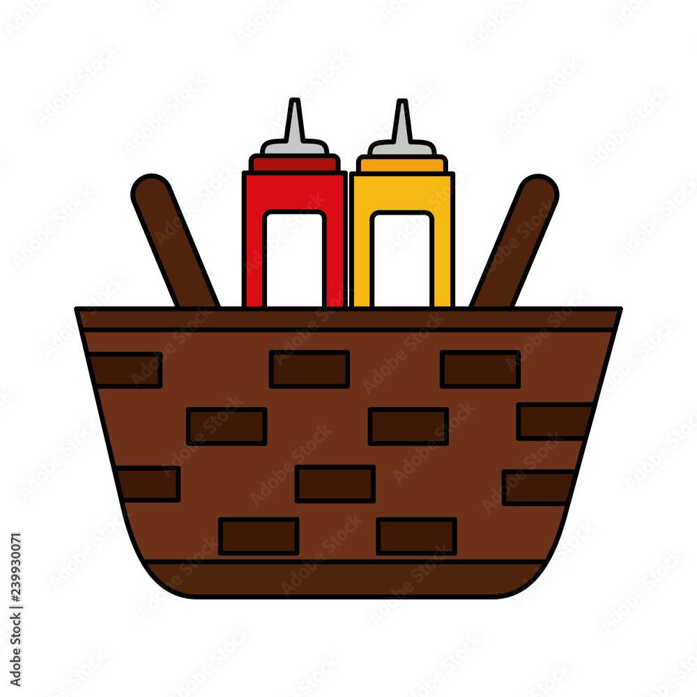 wicker basket with mustard and ketchup wicker basket with mustard and ketchup