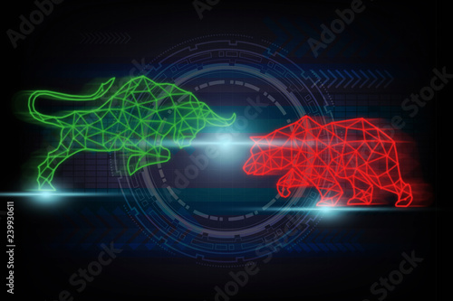 polygonal bull and bear shape writing by lines and dots over Innovation Technology background, trading and finance investment concept