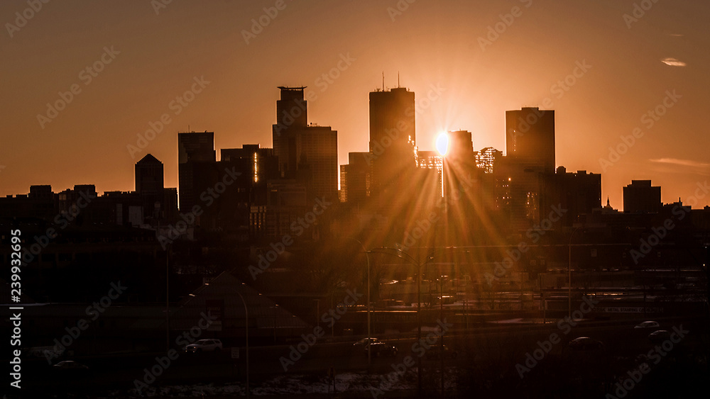 Minneapolis downtown skyline at sunset