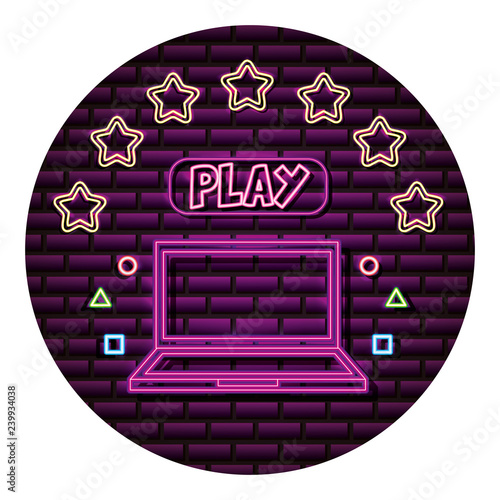 laptop play button neon video game wall
