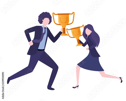 business couple with trophies avatar character