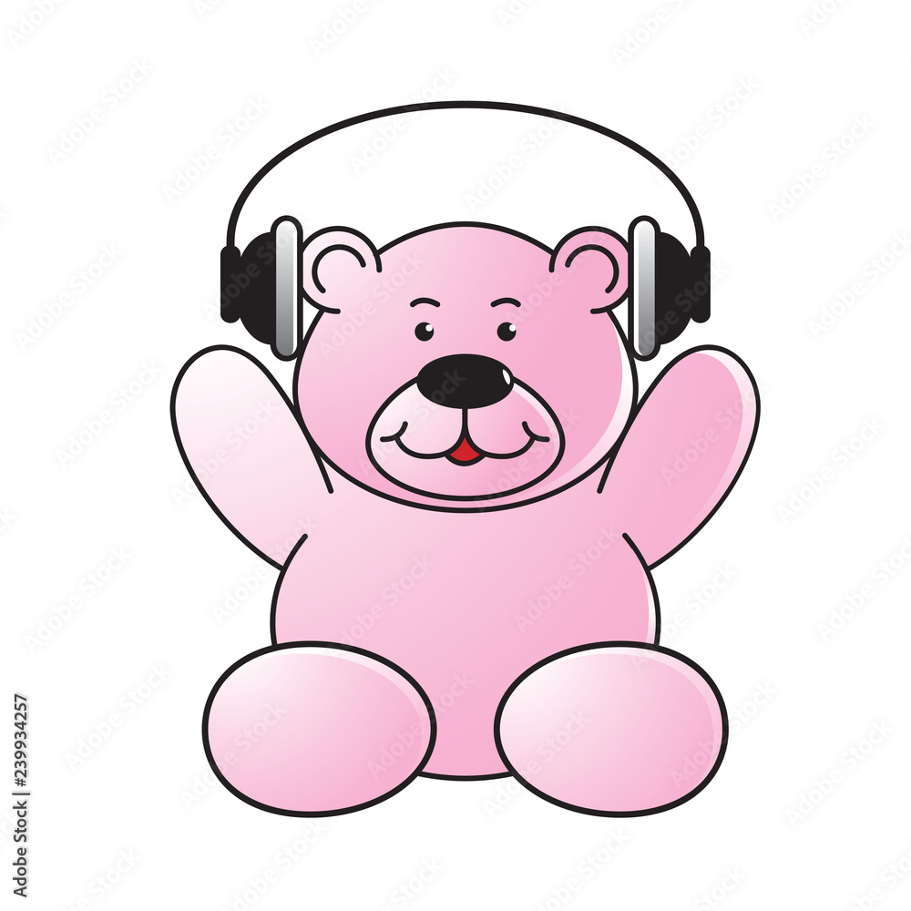 isolated happy cute bear listening music  with headset