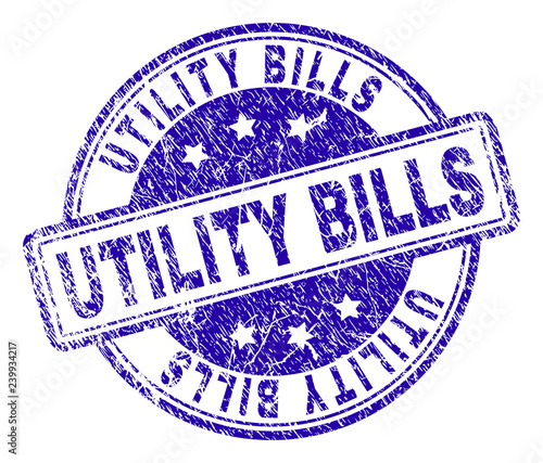 UTILITY BILLS stamp seal imprint with distress texture. Designed with rounded rectangles and circles. Blue vector rubber print of UTILITY BILLS label with grunge texture.