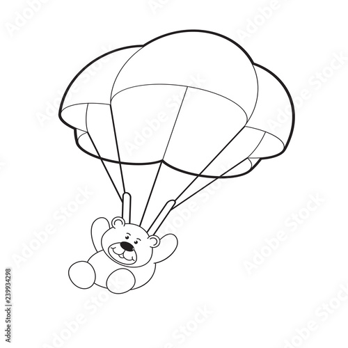 black and white cute bear  jumping from parachute isolated on white background