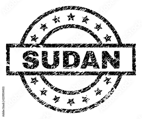 SUDAN stamp seal watermark with distress style. Designed with rectangle, circles and stars. Black vector rubber print of SUDAN title with grunge texture.