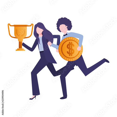 business couple with trophy and coin character