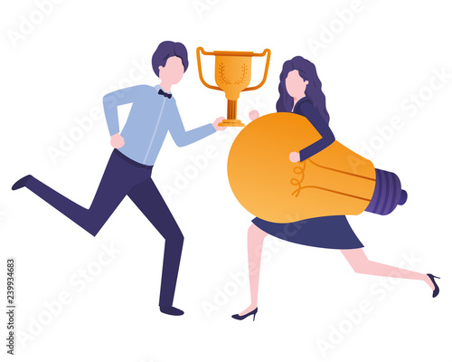 business couple with trophy and light bulb