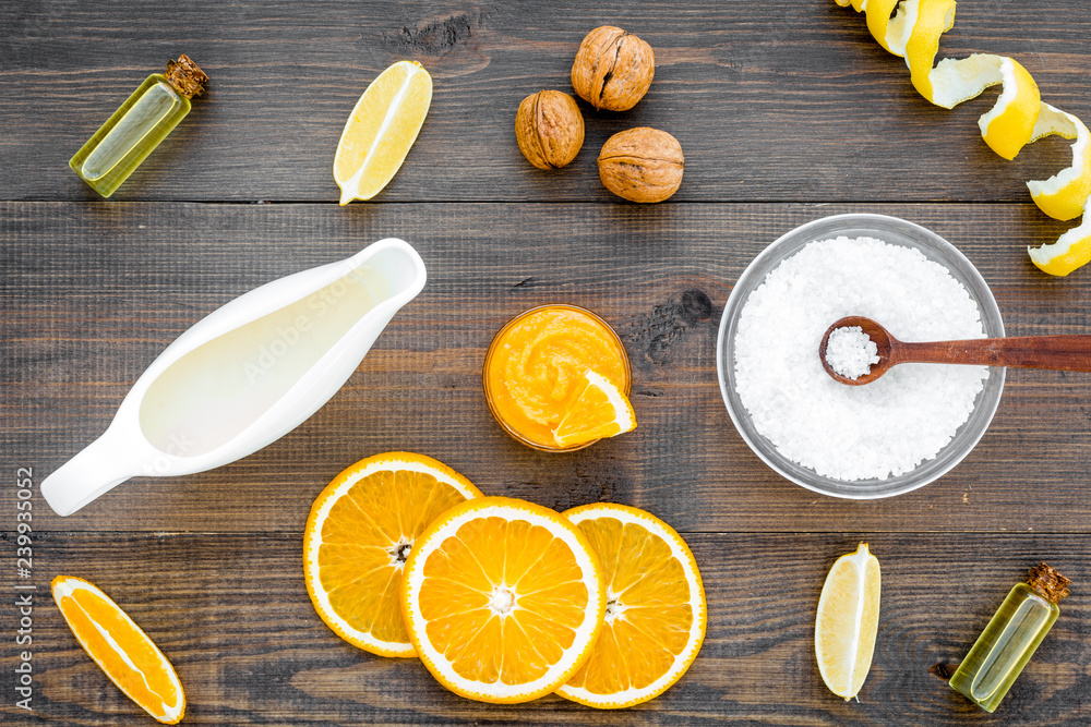 organic cosmetics for homemade spa with orange oil wooden background top view pattern organic cosmetics for homemade spa with orange oil wooden background top view pattern