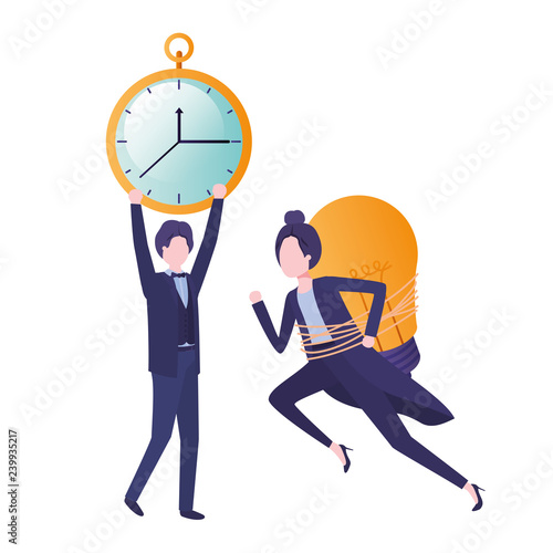 business couple with clock and light bulbs character photo