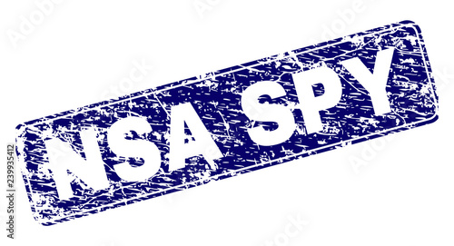 NSA SPY stamp seal print with distress style. Seal shape is a rounded rectangle with frame. Blue vector rubber print of NSA SPY caption with dust style.