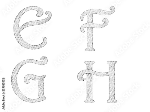 Letters E  F  G  and H in Hand Drawn Pencil Texture.