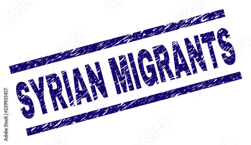 SYRIAN MIGRANTS seal imprint with distress style. Blue vector rubber print of SYRIAN MIGRANTS text with scratched texture. Text label is placed between parallel lines.