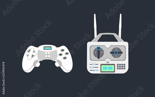 A set of remote controls for games and radio-controlled models. Joystick video games and remote control drone, radio models of cars, airplanes, helicopters, drones. Vector isolated illustration