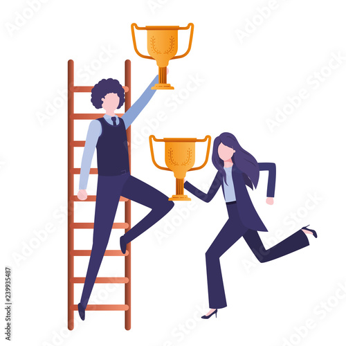 business couple with stair and trophy avatar character