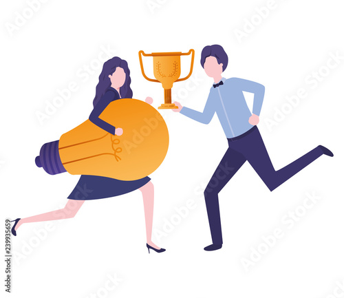 business couple with trophy and light bulb