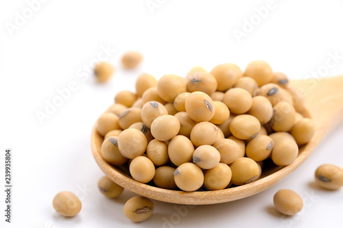 Close-up of Soybeans in wooden spoon.