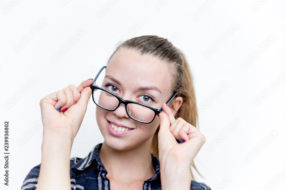 Young woman with bad eyesight with glasses and contact lenses Young woman with bad eyesight with glasses and contact lenses