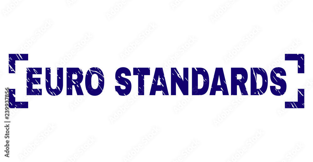 EURO STANDARDS tag seal print with distress texture. Text tag is placed inside corners. Blue vector rubber print of EURO STANDARDS with scratched texture.