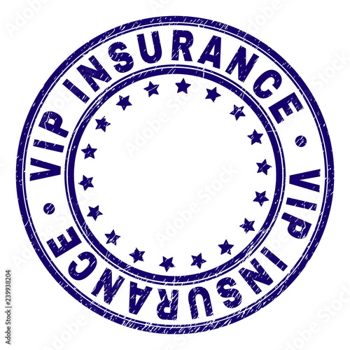 VIP INSURANCE stamp seal watermark with grunge texture. Designed with circles and stars. Blue vector rubber print of VIP INSURANCE label with grunge texture.