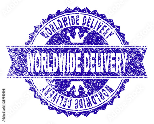 WORLDWIDE DELIVERY rosette seal overlay with grunge style. Designed with round rosette, ribbon and small crowns. Blue vector rubber print of WORLDWIDE DELIVERY label with grunge texture.