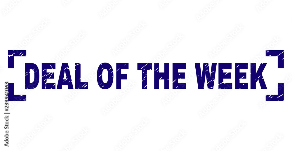 DEAL OF THE WEEK text seal print with corroded texture. Text caption is placed between corners. Blue vector rubber print of DEAL OF THE WEEK with retro texture.