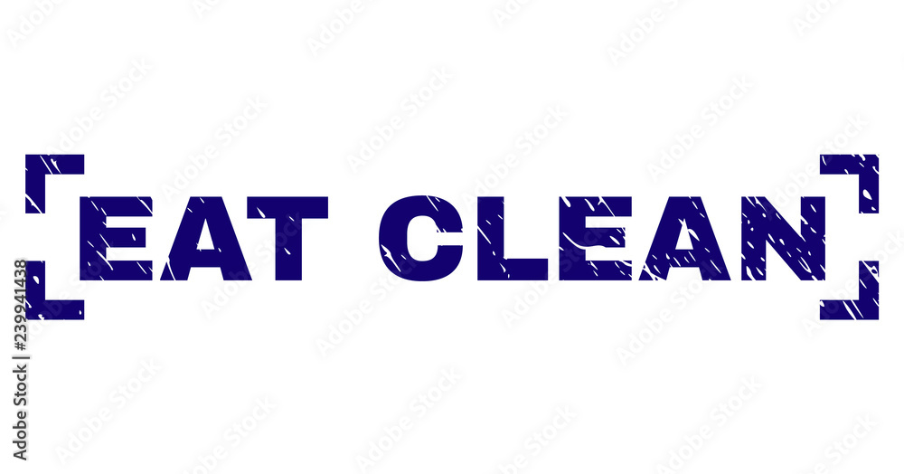 EAT CLEAN caption seal print with grunge texture. Text caption is placed between corners. Blue vector rubber print of EAT CLEAN with dirty texture.
