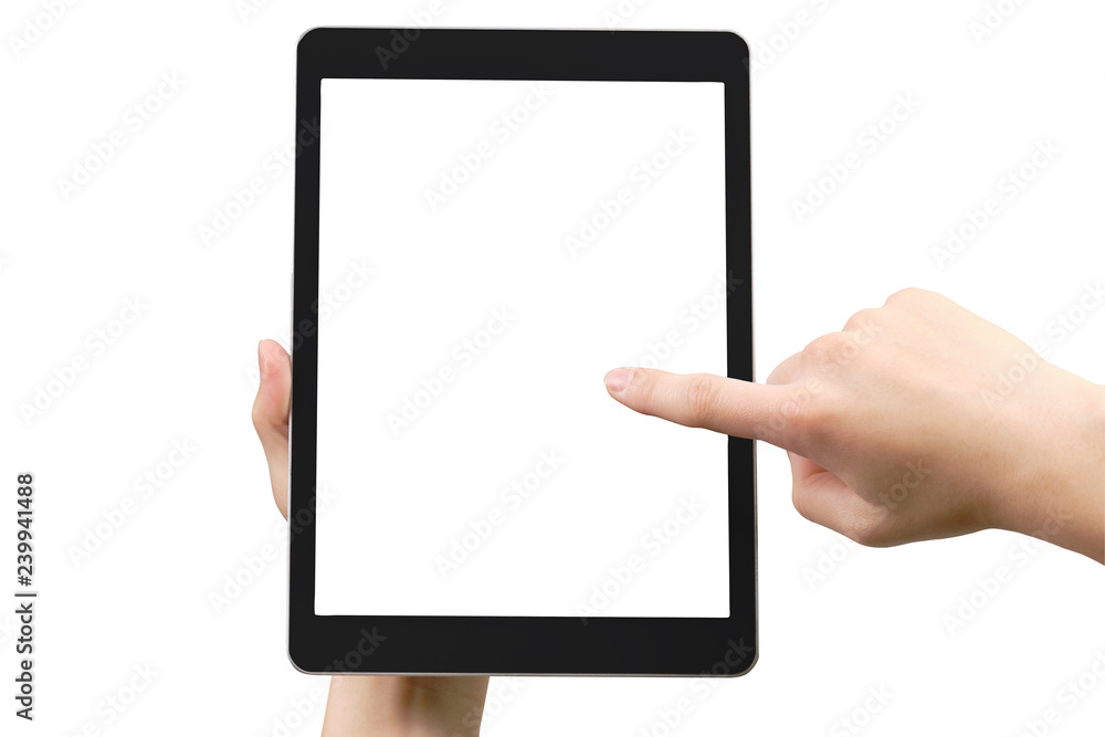 Hand holding a tablet and have finger is slide on pad. with clipping path. Hand holding a tablet and have finger is slide on pad. with clipping path.